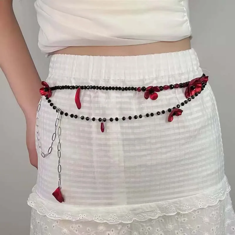 Women Jewelry Accessories For Black Dress - Винтажная поясная цепочка с красным цветком