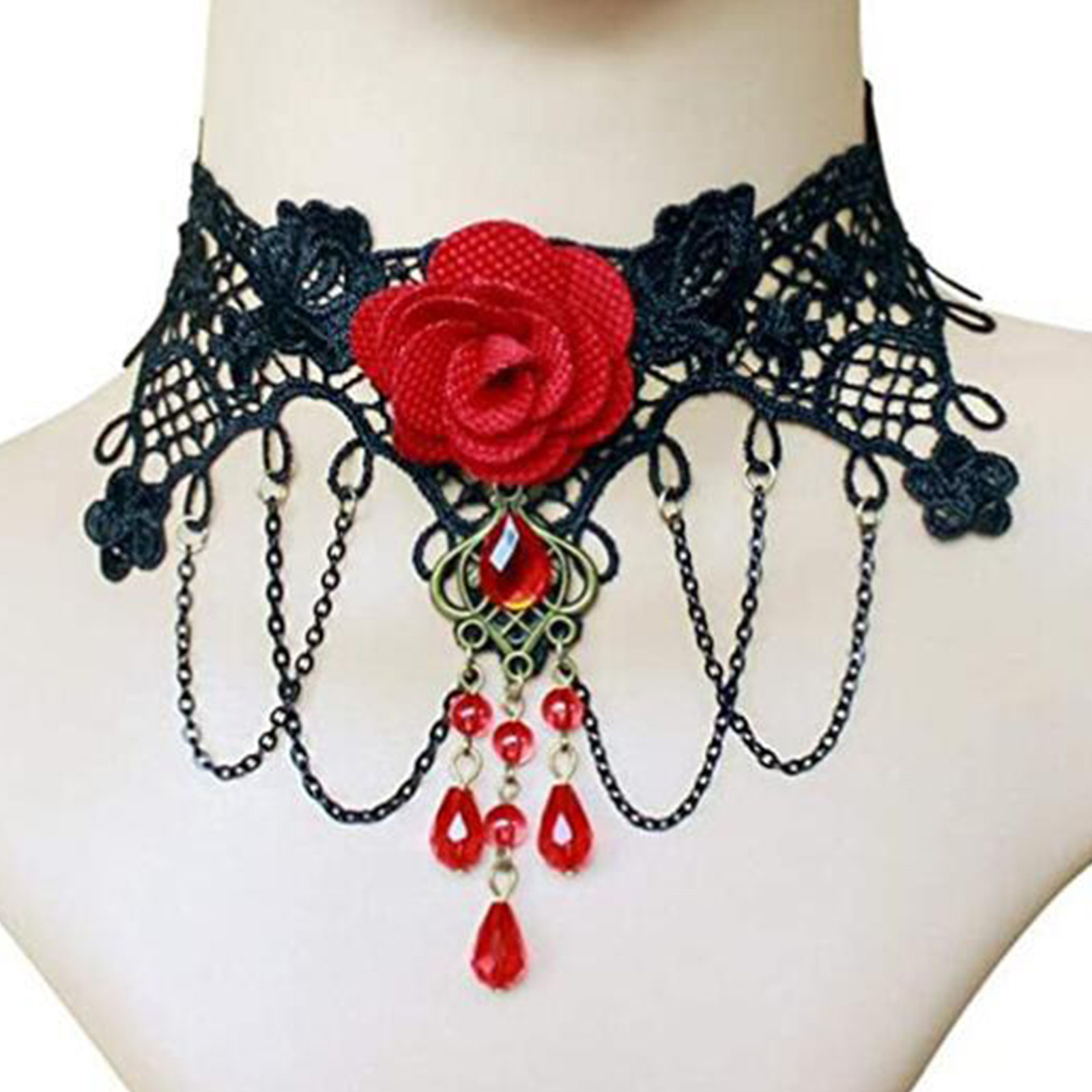Women Jewelry Accessories For Black Dress - Готическое черное кружевное ожерелье-чокер с подвеской-каплей